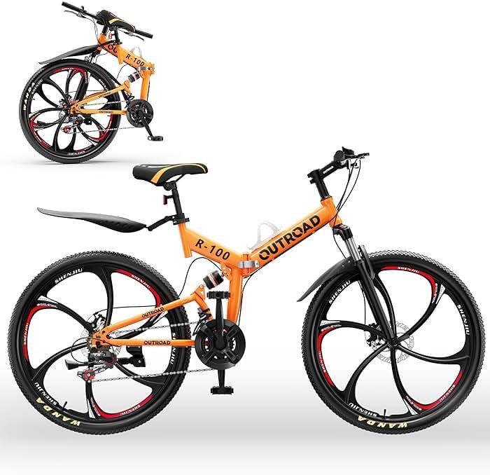 Outroad 26 Inch Folding Mountain Bike, 21 Speed Full Suspension High-Carbon Steel MTB Foldable Bicycle, Dual Disc Brake Non-Slip Folding Bikes for Adults/Men/Women, Black, Orange and Green - Product Image