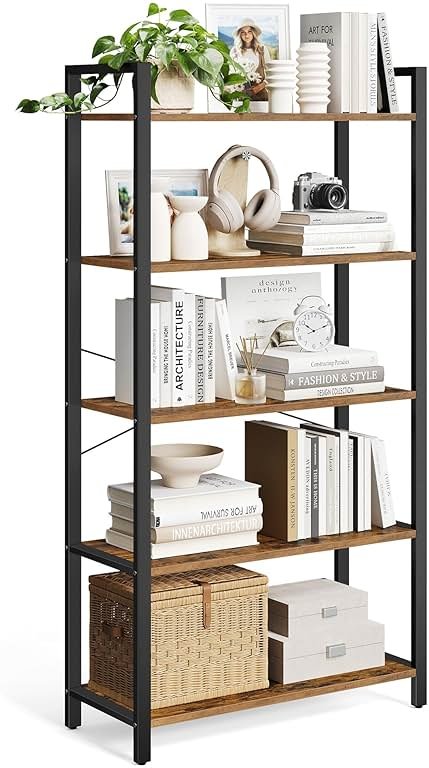 VASAGLE 5-Tier Bookshelf, Bookcase with Steel Frame, Book Shelf for Living Room, Home Office, Study, 11.8 x 31.5 x 60.2 Inches, Industrial Style, Rustic Brown and Ink Black ULLS081B01 - Product Image