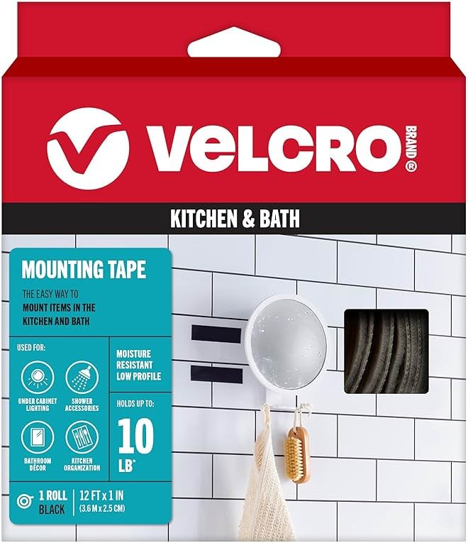 VELCRO Brand Kitchen and Bath Mounting Tape. Moisture Resistant for Installing Shower Accessories and Bathroom Decor. 12ft Heavy Duty Roll Holds 10 pounds. Easy Peel and Stick Application, Black - Product Image