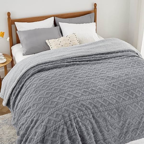 Bedsure Sherpa Queen Size Blanket for Bed - Fleece Soft Fluffy & Cozy Cable Jacquard Tufted Throw Blankets for Women Gift, Thick Warm for Winter and All Seasons, Grey, 90x90 Inches - Product Image