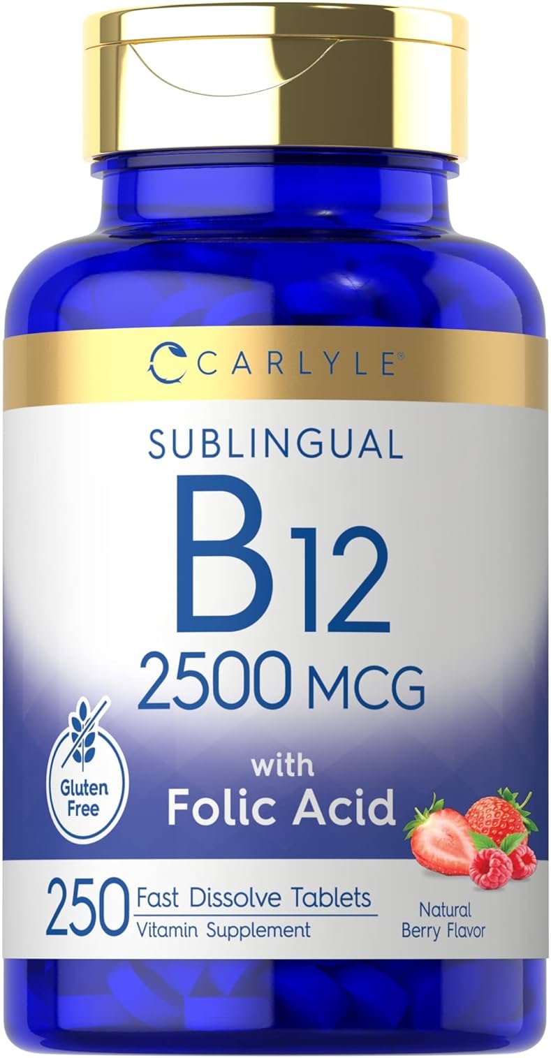 Carlyle Vitamin B12 Sublingual 2500 mcg | 250 Fast Dissolve Tablets | Cyanocobalamin Supplement with Folic Acid for Adults | Natural Berry Flavor | Vegetarian, Non-GMO, and Gluten Free - Product Image