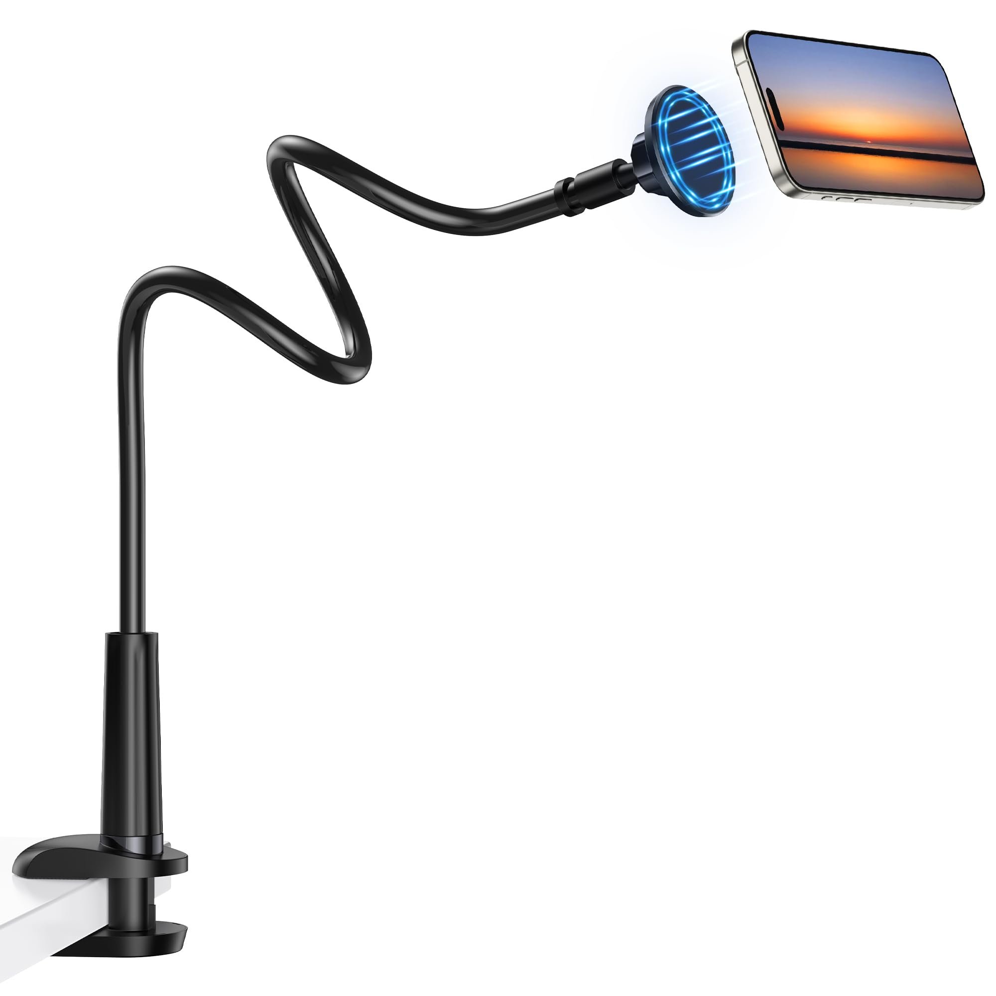 Magnetic Gooseneck Phone Holder Mount for iPhone 17/16/15/14/13/12 - Magnetic Stand Tabletop Clamp 360°Rotation Adjustable for Office/Home Compatible with iPhone 17 16 15 14 13 12 Mini Plus Pro Max - Product Image
