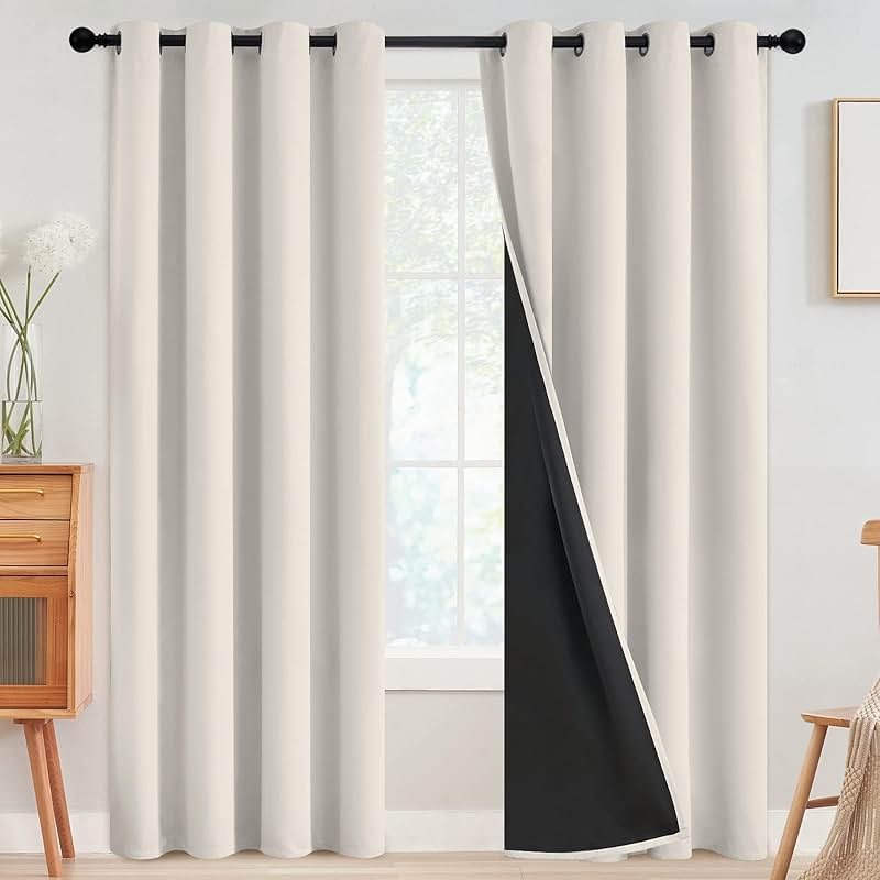 SimpleHome 100% Blackout Curtains for Bedroom,Thermal Insulated Grommet Window Drapes Room Darkening Cream Curtains for Living Room with Black Back,52 x 84 Inch,2 Panels - Product Image