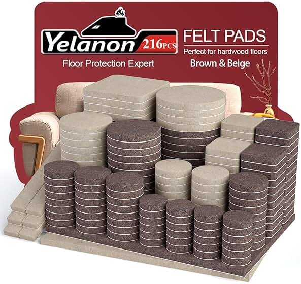Yelanon Felt Furniture Pads for Hardwood Floors -216 Pcs Premium Felt Pads for Chair Legs, Floor Protectors for Furniture, Beige & Brown - Product Image