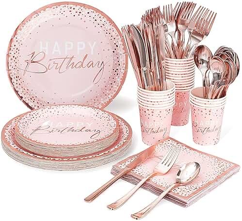 175PCS Happy Birthday Plates and Napkins Party Supplies, Paper Pink and Rose Gold Plastic Forks Knives Spoons Serve 25 Guests for Girl Women - Product Image