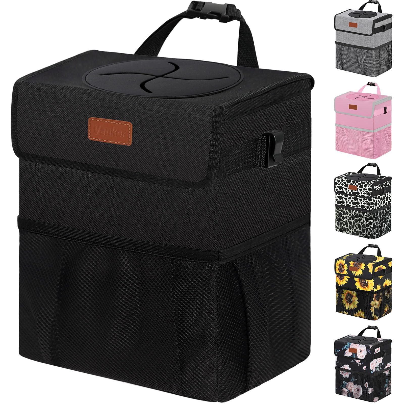 Vankor Car Trash Can Bin with Lid Hanging for Back Seat, Car Accessories for Women Men Leak Proof Automotive Garbage Cans Leakproof Vehicle Trash Can for Truck SUV Black - Product Image