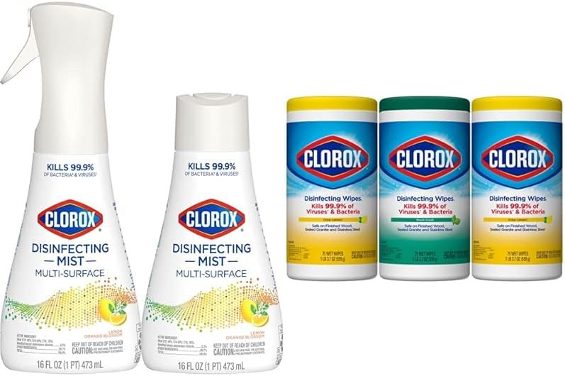 Clorox Cleaning Bundle Disinfecting Mist Lemon and Orange Blossom Scent (1 Spray Bottle & 1 Refill, 16 Fl Oz Each) Disinfecting Wipes (3-Pack, 75ct Each) - Product Image