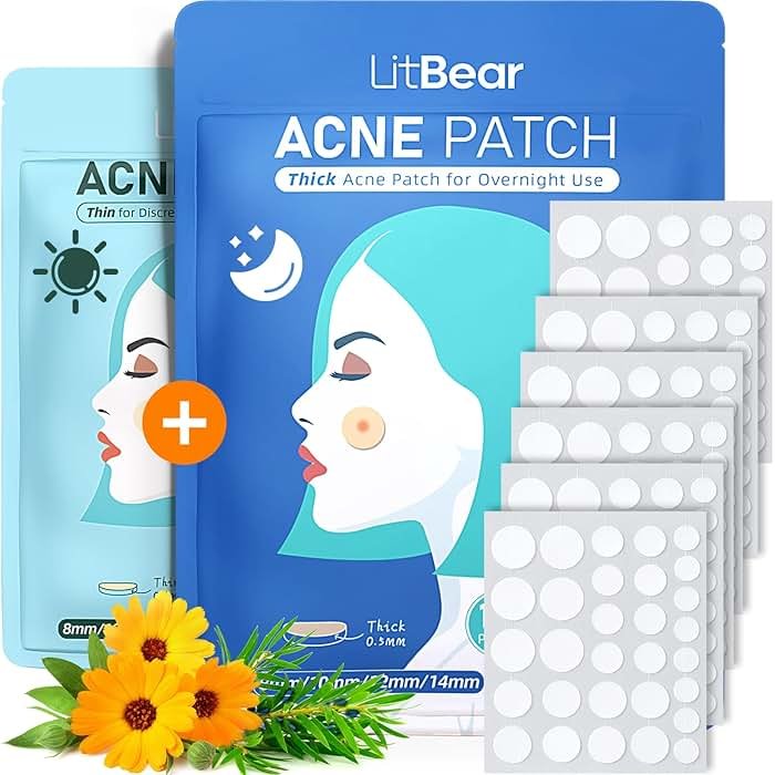 LitBear Acne Pimple Patches- Day and Night 4 Sizes 180 Dots Thin & Thick Hydrocolloid Patches with Witch Hazel, Tea Tree & Calendula Oil, Pimple Stickers for Covering Zits, Blemishes, Spots, Acne Dots - Product Image