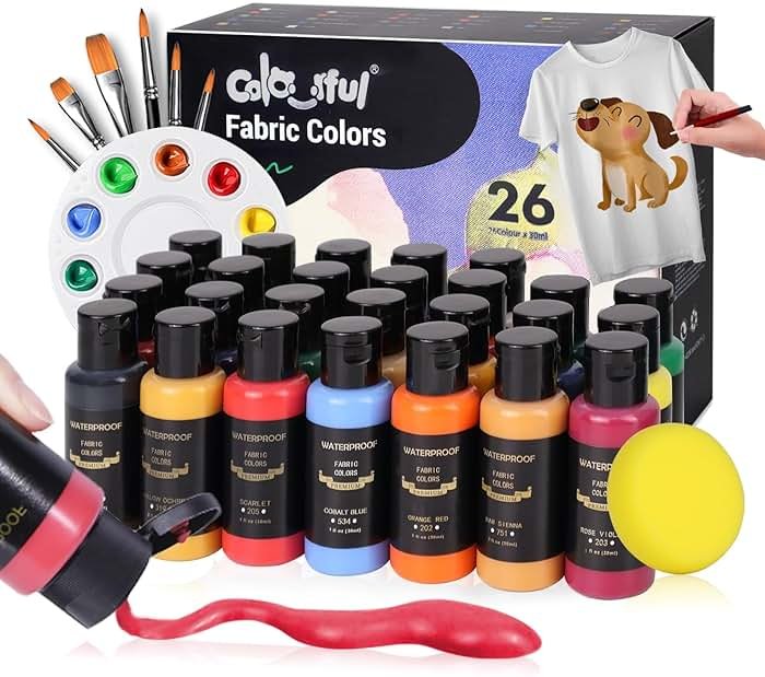 Colorful Permanent Fabric Paint, 26 Colors Soft Fabric Paint in Bottles (30ml/1oz) with Brushes, Palette,Non-Toxic Textile Paint for Creative DIY Clothes, T-Shirts, Shoes Art and Crafts - Product Image