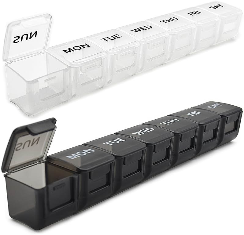 2 Pack Weekly Pill Organizer, Large 7 Day Pill Case, Daily Vitamin Case Medicine Box, AM/PM Pill Containers for Medicine Supplements Fish Oil（White & Black） - Product Image