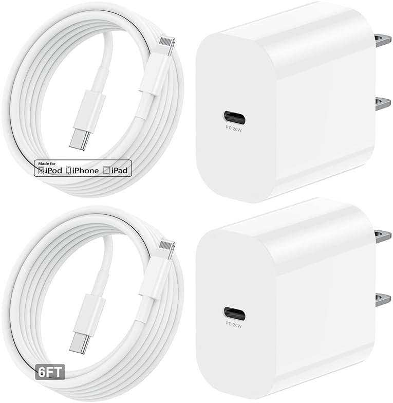 20W Rapid USB C Wall Super Fast Chargers Block Power Plug with 6Ft Type C to Lightning Cable, (MFi Certified) Lightning Charging Cord for iPhone 14 13 12 11 Pro Max Plus Air Mini iPad -Albedo 2Pack - Product Image