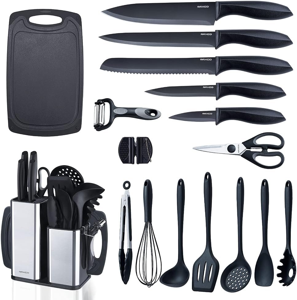 RAXCO Kitchen Utensils Set,18-Piece Cooking Utensils and Knife Set,Black | Food-grade Silicone Heat-safe to 410°F, Detachable Stainless Steel Holder, 5 Kitchen Knives and Cutting Board All-in-one - Product Image