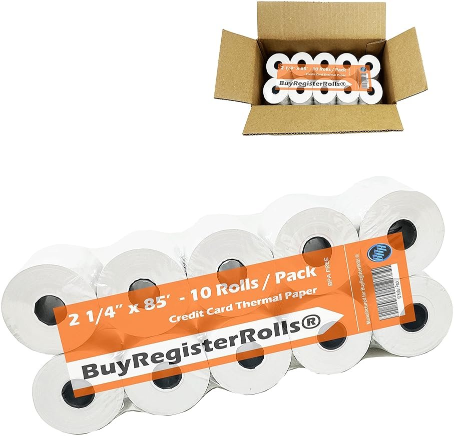 (10 Rolls - 50 GSM) 2 1/4 x 85 Thermal Paper Receipt Rolls 2.25 x 85 ft, POS/Cash Register, Fits All Credit Card Terminals, Verifone VX510 VX570 FD50 T4220 - Product Image