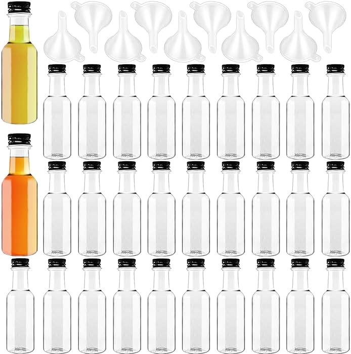 Mini Liquor Bottles, 30 Pack Airtight Plastic Spirit With Black Cap, 1.7oz Empty Alcohol Shot With 10 Funnels, Miniature for Weddings, Parties - Product Image