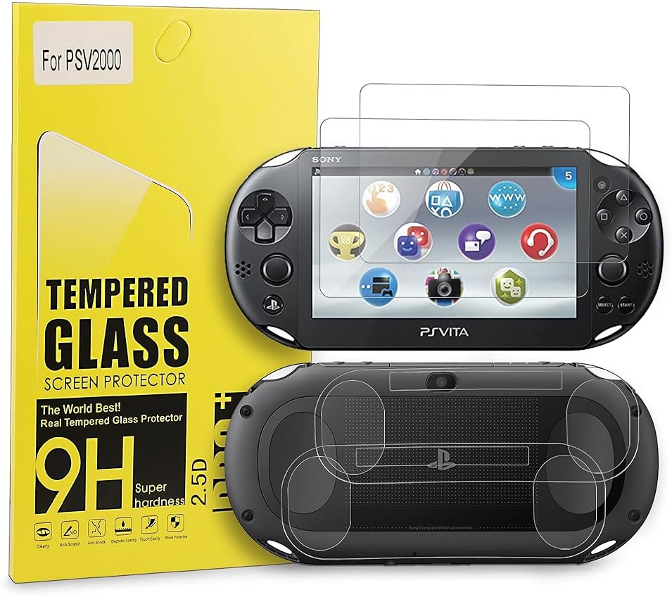 Xahpower PS Vita 2000 Screen Protector, 9H Tempered Glass Front Screen Protector and HD Clear PET Back Screen Protective Film for Sony PlayStation Vita 2000 - Product Image