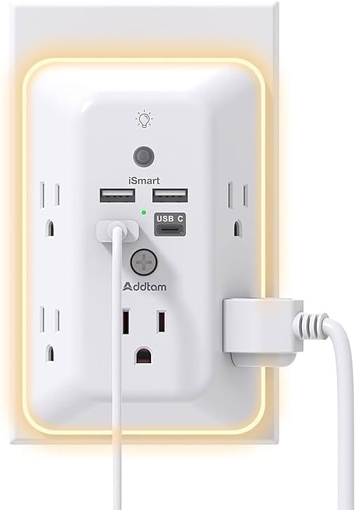Addtam Surge Protector Outlet Extender, Plug Extension Outlet with Night Light, 5-Outlet Splitter and 4 USB Ports(1 USB C), Multi Plug Wall Outlet for Home Office Dorm Room Essentials - Product Image