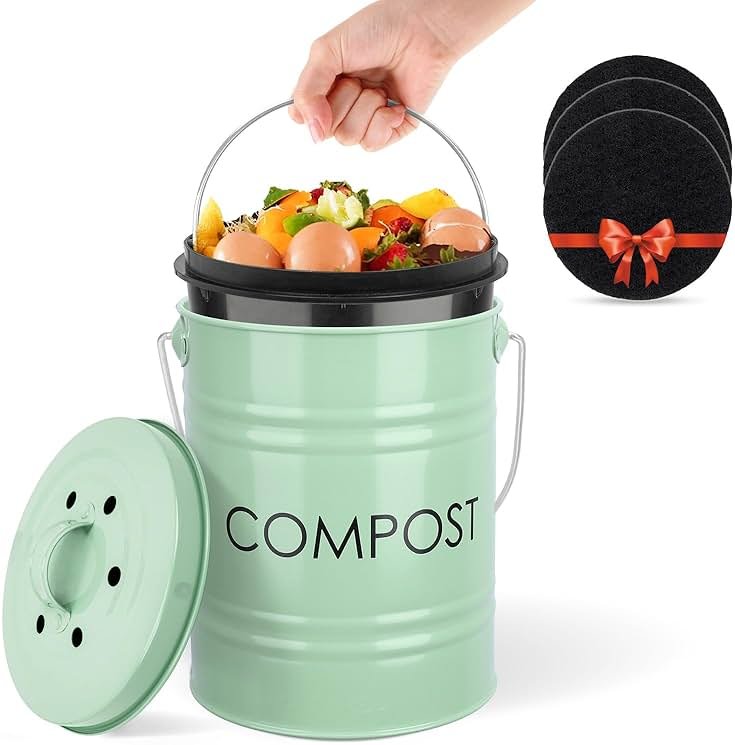 Vipush Compost Bin Kitchen Countertop Composter with lid – Small Compost ContainerI Includes Inner Compost Bucket Liner & Charcoal Filter, Green - Product Image