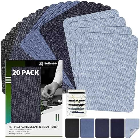 KING MOUNTAIN Iron-on Repair Patch 20 Pcs Pack,Denim Patches for Jeans Kit 3" by 4-1/4", 100% Cotton Denim Iron-on Repair Patch,Jeans and Clothing Repair and Decoration Kit (Five Color) - Product Image