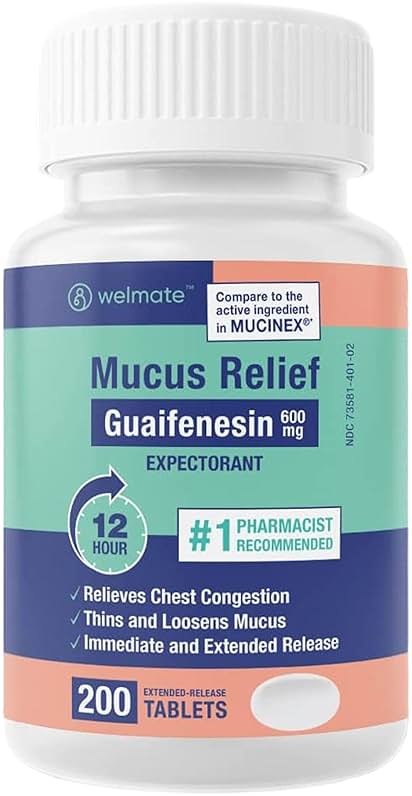 WELMATE Mucus Relief Guaifenesin 600mg Expectorant, 200 Ct - Chest Congestion Relief, Cough and Cold - Thins and Loosens Mucus - Immediate & Extended 12 Hour Support - Extended-Release Bi-Layer - Product Image