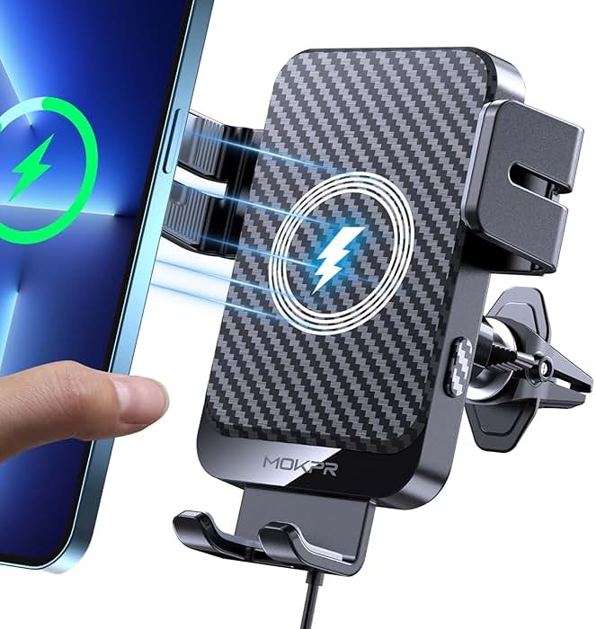 Wireless Car Charger, MOKPR 15W Fast Charging Auto-Clamping Car Charger Phone Mount Air Vent Cell Phone Holder Compatible iPhone 16/15/14/13/13 Pro/12 pro/12/11, Samsung Galaxy S23/S22/S21/S20, etc - Product Image
