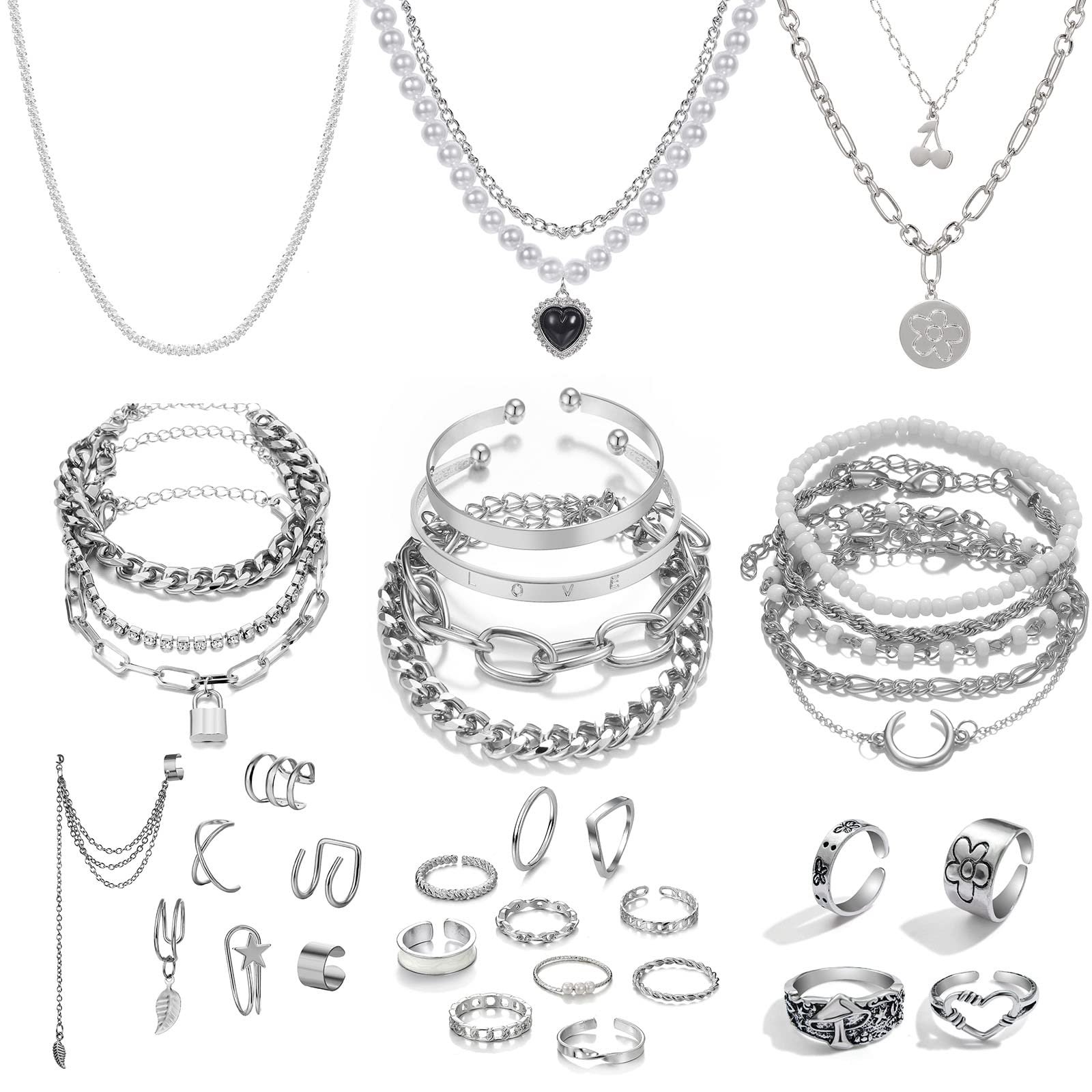 IFKM 36 PCS Silver Plated Jewelry Set with 3 PCS Necklace, 12 PCS Bracelet, 7 PCS Ear Cuffs Earring, 14 Pcs Knuckle Rings for Women Valentine Anniversary Birthday Friendship Gift - Product Image