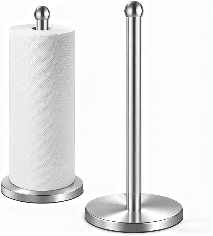 DAWNER Paper Towel Holder Countertop, Freestanding Kitchen Paper Holder Stand, One-Handed Tear, Stainless Steel, Paper Towel Dispenser with Weighted Base for Standard Towel Rolls, Brushed Nickel - Product Image