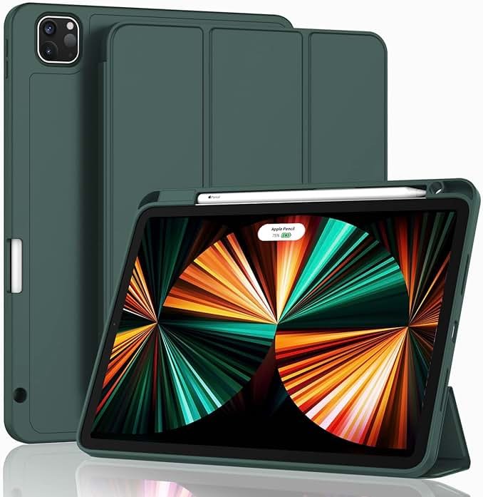 ZryXal New iPad Pro 12.9 Inch Case 2022/2021/2020(6th/5th/4th Gen) with Pencil Holder,Smart Case [Support Touch ID and Auto Wake/Sleep] with Auto 2nd Gen Pencil Charging (Midnight Green) - Product Image