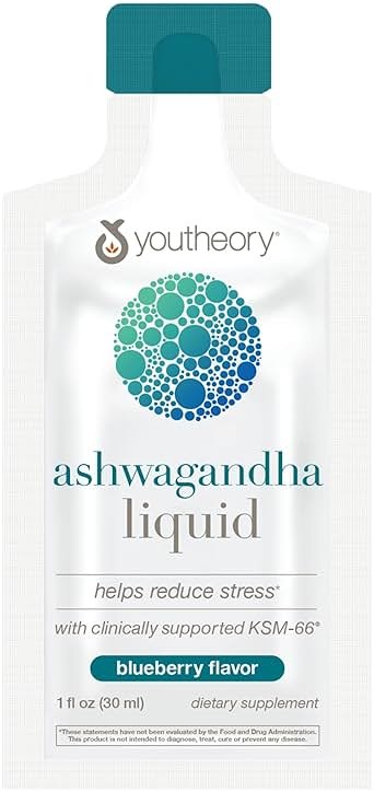 Youtheory Ashwagandha Liquid - with Organic KSM-66 Ashwagandha - Herbal Blend to Support Stress Relief & Energy Levels* - Helps Support Mood* - 1 oz Single Serve Packet, Pack of 12 - Product Image