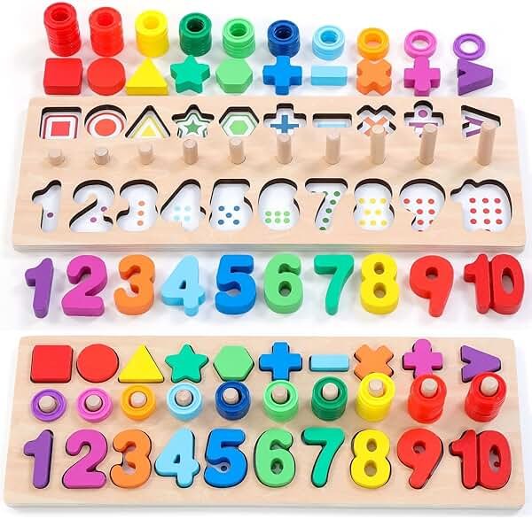 GeroCrew Wooden Montessori Toys for Kids Toddler Number Puzzles Sorter Counting Shape Stacker Stacking Game Preschool Toys for Boy Girl Learning Education Math Blocks Year Old Girl Gifts (Rainbow) - Product Image