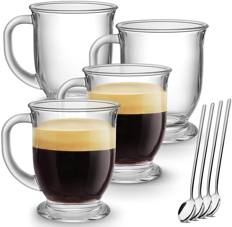 Mfacoy Glass Coffee Mugs Set of 4, Clear Large Coffee Mug 15 Oz With Handles for Hot Beverages, Clear Mugs for Tea, Cappuccino, Latte, Espresso Coffee, Juice, Glass Coffee Cups - Product Image