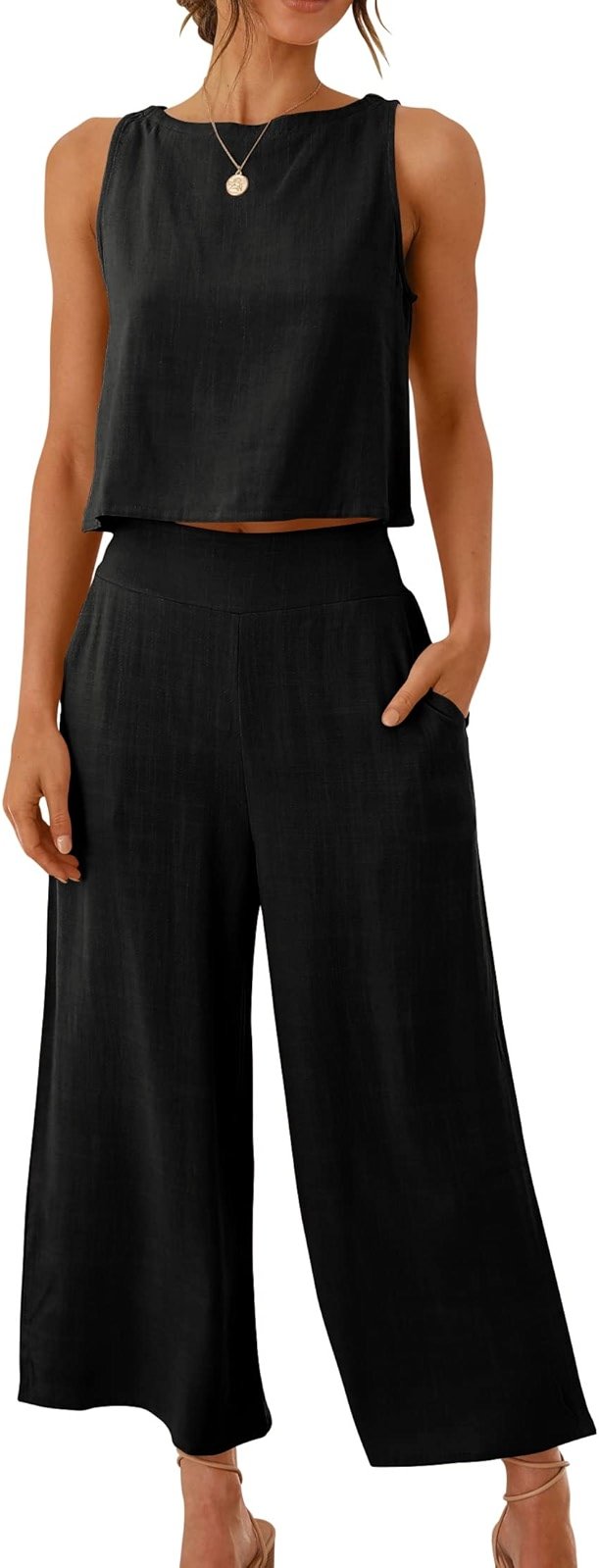 ANRABESS Women's Summer 2 Piece Outfits Sleeveless Crop Top Capri Wide Leg Pants Jumpsuit Linen Lounge Beach Travel Sets - Product Image