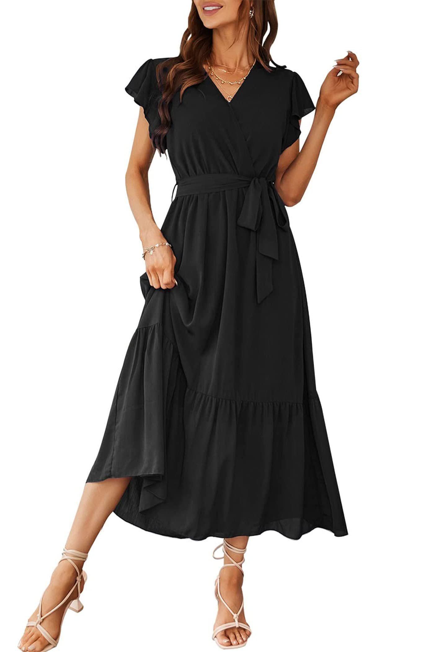 PRETTYGARDEN Women's Summer Floral Boho Maxi Dress Short Sleeve Wrap V Neck Ruffle Long Flowy Beach Wedding Guest Dresses - Product Image