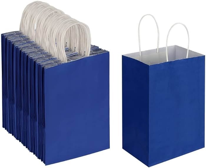 Oikss 100 Pack 5.25x3.25x8.25 Inch Small Royal Blue Kraft Paper Bags with Handles Bulk for Birthday Wedding Party Favors Grocery Retail Shopping Business Goody Craft Gift Bags Sacks (100pcs Count) - Product Image
