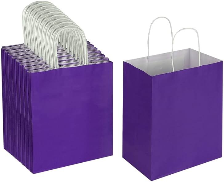 Oikss 100 Pack 8x4.75x10 Inch Medium Purple Kraft Paper Bags with Handles Bulk for Birthday Wedding Party Favors Grocery Retail Shopping Business Takeout Goody Craft Gift Bags Sacks, (100pcs Count) - Product Image