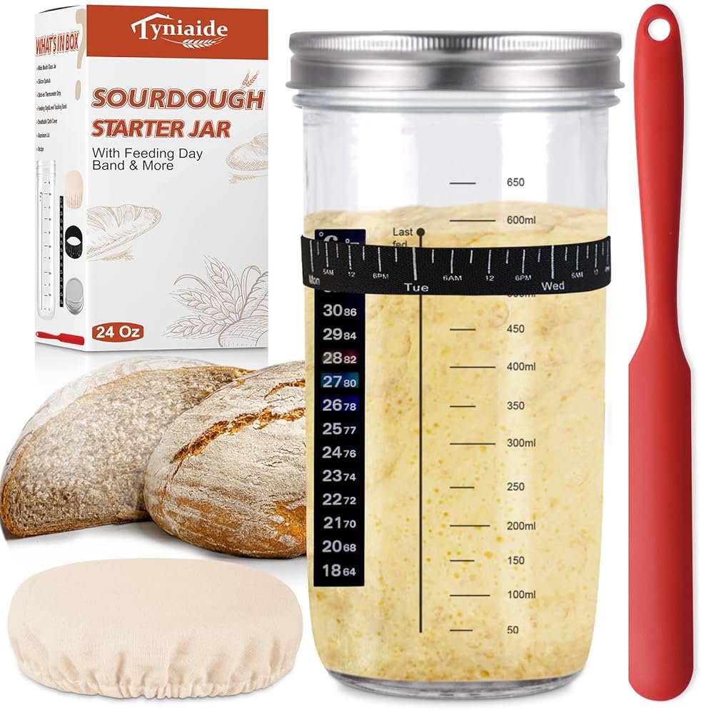 Sourdough Starter Jar Kit, 650ml Sourdough Starter Jar With Thermometer, Silicone Scraper, Cloth Cover And Aluminum Lid. Reusable Sour Dough Starter Jar - Product Image
