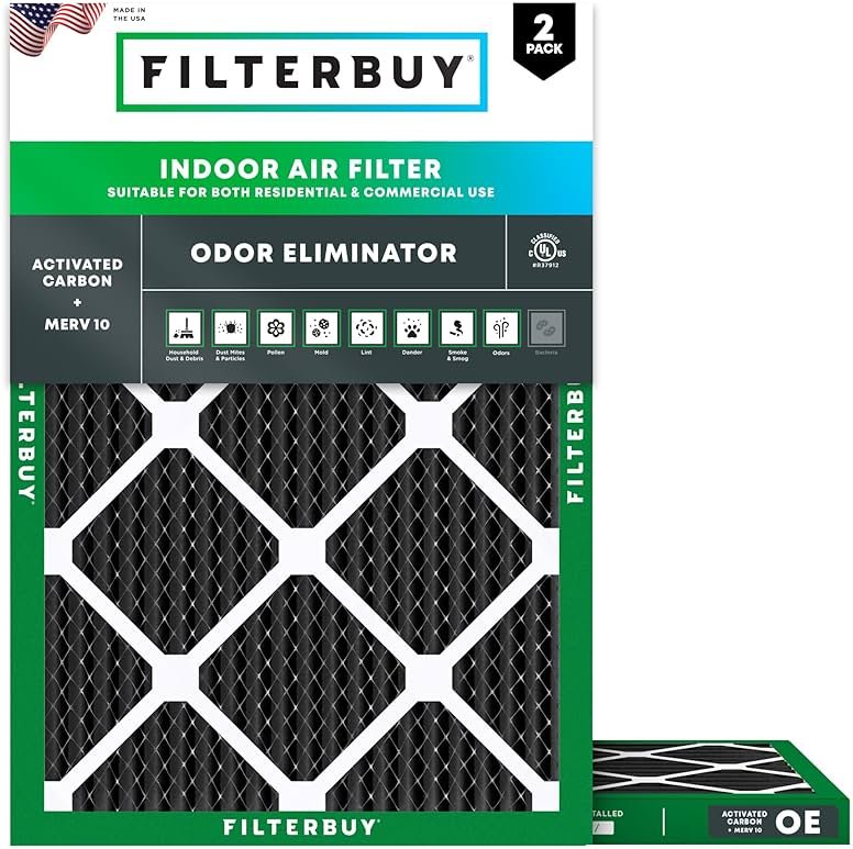 Filterbuy 20x25x1 Air Filter MERV 10 Odor & Allergy Defense with Activated Carbon (2-Pack), Electrostatic Pleated HVAC AC Furnace Filters Replacement, Made in USA (Actual Size: 19.50 x 24.50 x 0.75) - Product Image