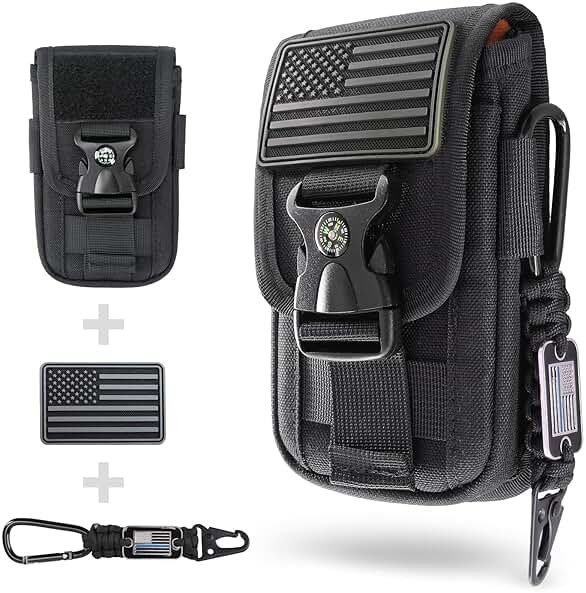 WYNEX Tactical Molle Phone Pouch with Compass Buckle, Tactical Phone Holster Molle Cell Phone Pouch Universal Belt Waist Bag for IP 15/14/13 Pro Max / S22/S21 with US Patch & Paracord Keyring Clip - Product Image