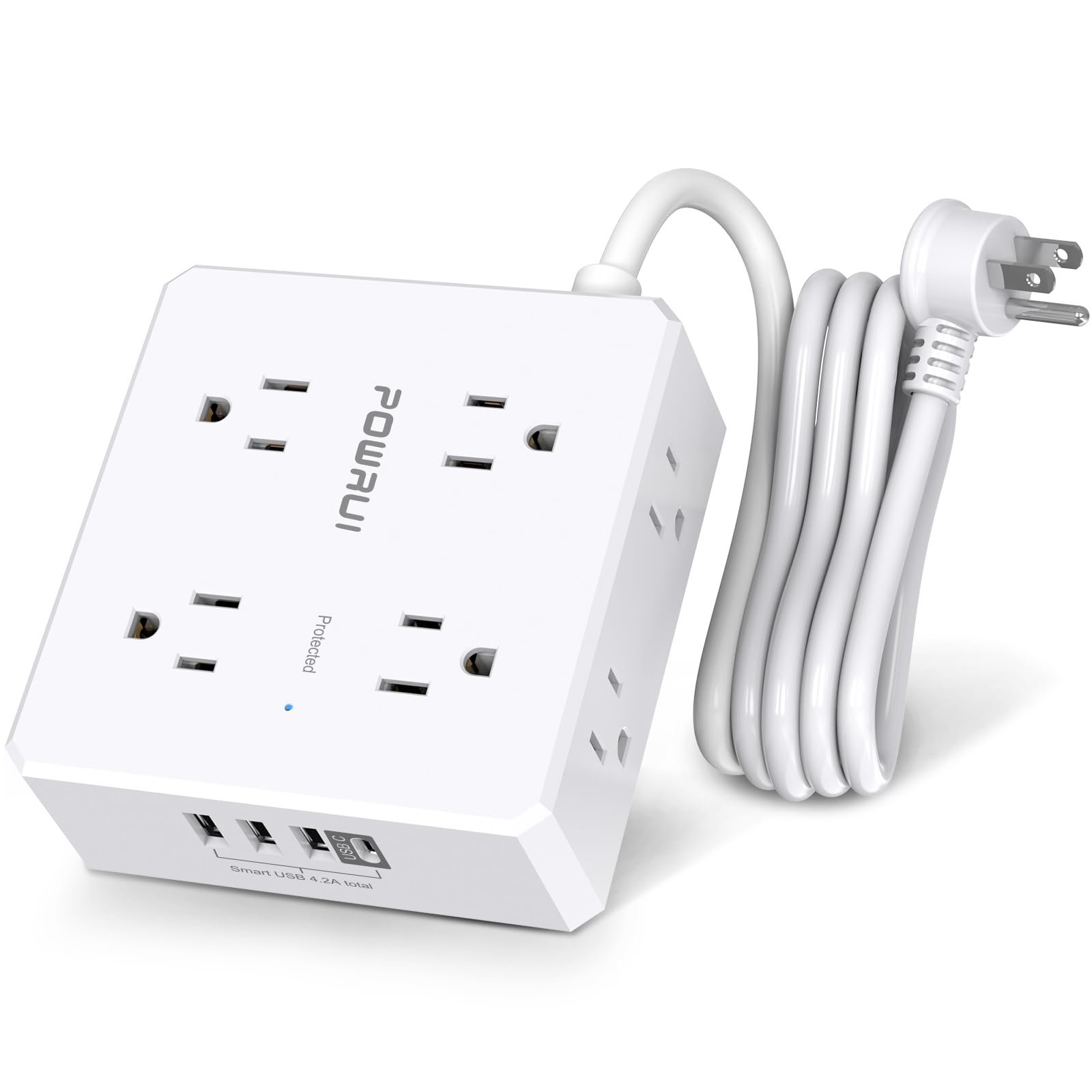 Surge Protector Power Strip - 6 Ft Flat Plug Extension Cord with 8 Widely Outlets and 4 USB Ports(1 USB C), 3 Side Outlet Extender for Home Office, White, ETL Listed - Product Image