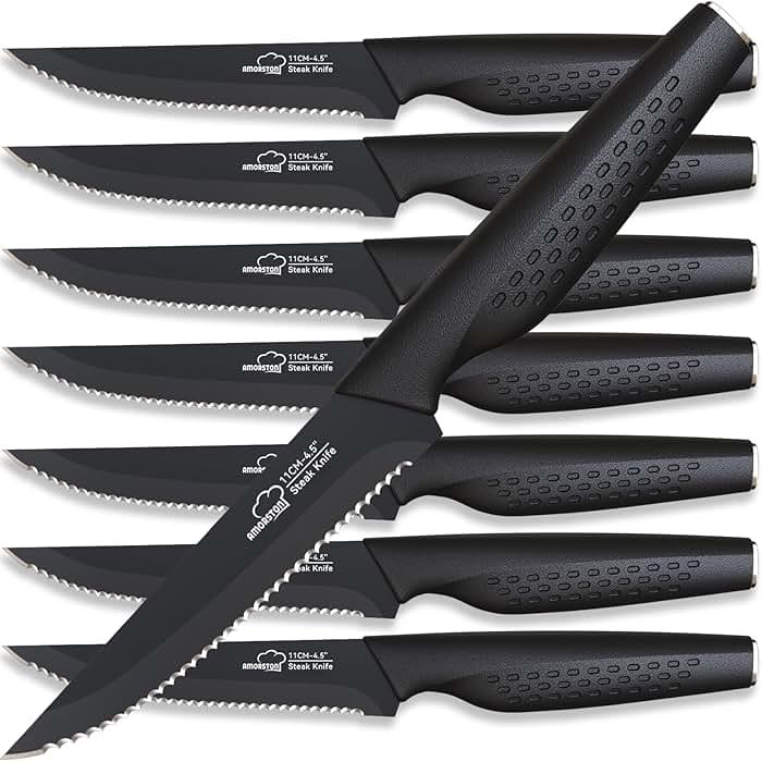Amorston Steak Knives, Steak Knives Set of 8, Stainless Steel Steak Knife Set, Serrated Knives Dishwasher Safe, Elegant Black Mothers Day Gifts for Women - Product Image