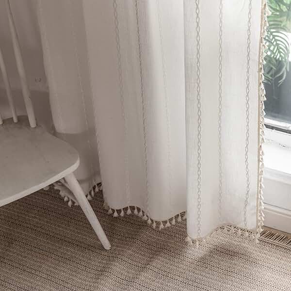 BCLBUSTE Boho Curtains Semi-Blackout 84 Inch 2 Panels for Living Room, Linen Tassels Farmhouse Curtains with Embroidery for Bedroom Rod Pocket Draperies 52" W x 84" L, Off White - Product Image