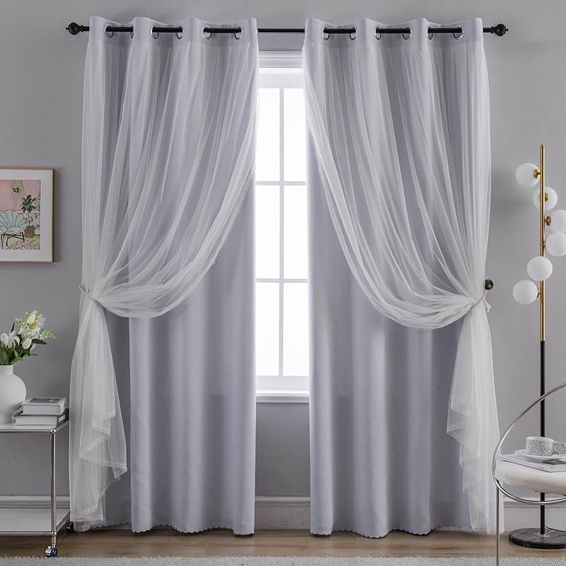 Anytime Home Curtains Blackout and Sheer Layered Solid Window Curtain Panel Pair with Grommet Top, 52Wx63L,Greyish White - Product Image