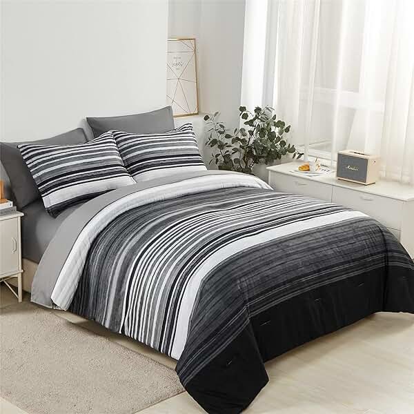KAKIJUMN 7 Piece Bed in a Bag Stripe Comforter Set Queen Size, White Grey Black Patchwork Striped Comforter and Sheet Set, All Season Soft Microfiber Complete Bedding Sets(Grey,Queen) - Product Image