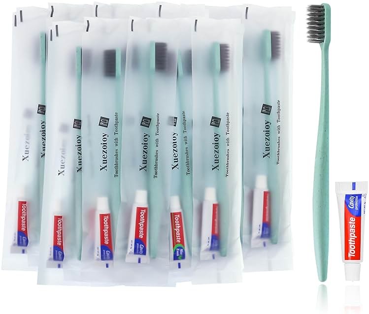 Xuezoioy Disposable Toothbrushes with Toothpaste,30 Pack Green Individually Wrapped Disposable Travel Toothbrushes Kit in Bulk for Homeless,Nursing Home,Hotel,Charity - Product Image