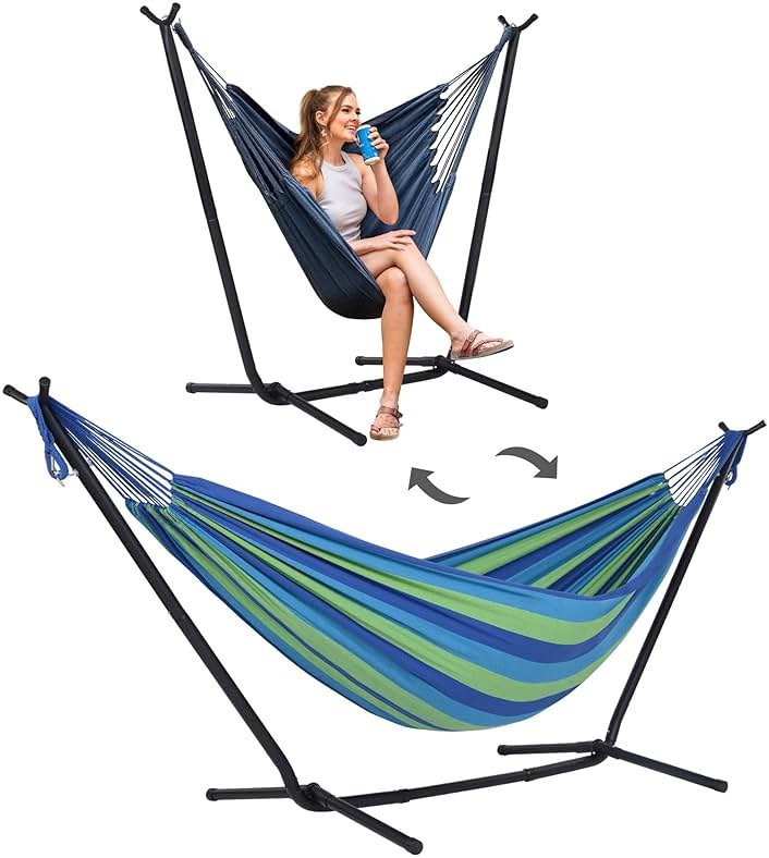 SUNCREAT 2-in-1 Hammocks Hammock Chair with Stand, 475 lbs Capacity, Heavy Duty Two Person Hammock with Stand, Patented, Blue Stripe - Product Image