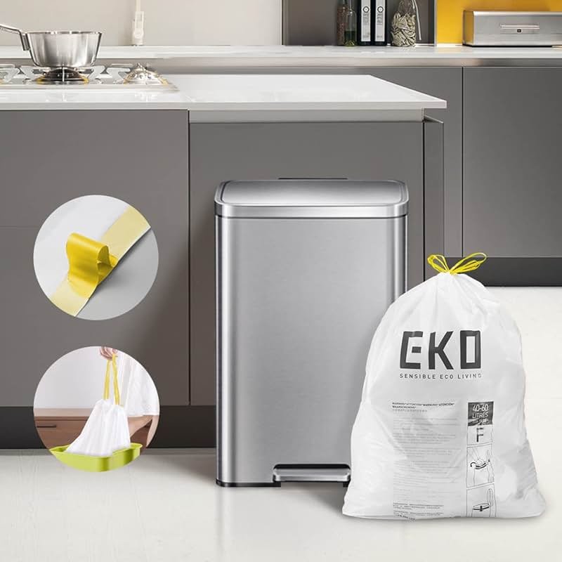 EKO 13 Gallon / 40-60 Liter, 60 Count Drawstring Trash Bags, Extra-Strong Unscented Garbage Bags, Easy-Dispense Roll for Kitchen & Household Use, Leak-Resistant, Code F, White - Product Image