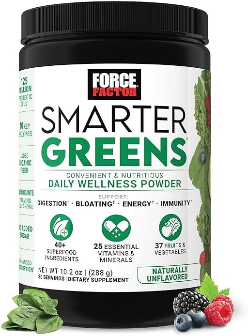 Force Factor Smarter Greens Daily Wellness Powder, Greens Superfood Powder to Support Gut Health, Bloating, & Digestion, with 40+ Superfoods, 125 Million CFUs of Probiotics, Unflavored, 30 Servings - Product Image