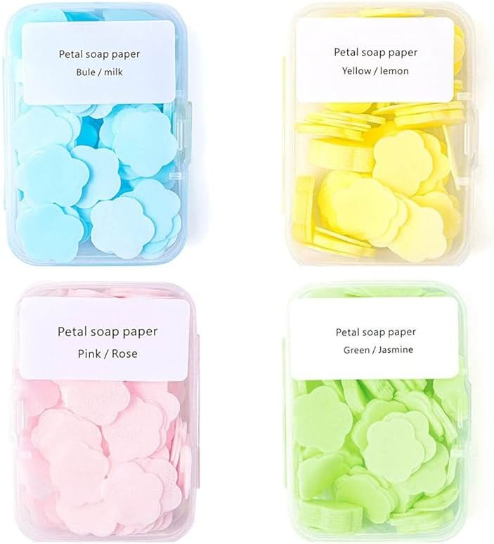 4 Different Scented Mini Fresh Portable Disposable Petal Hand Wash Sheets, Dissolvable Hand Bath Soap, Suitable for Children and Adults, Outdoor, Travel, Camping, 4 Boxes (Approx 400 Sheets) - Product Image