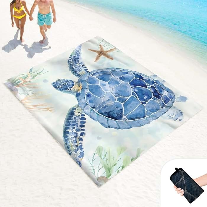LkDiramio Beach Blanket Sand Proof Waterproof Oversized 100" x 80" Sand Free Mat with Corner Pockets and Mesh Bag for Outdoor, Picnic, Travel, Beach Accessories Portable, Watercolor Turtle - Product Image