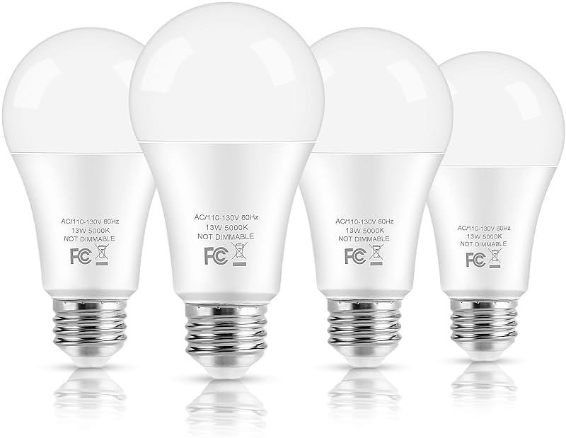 LED Light Bulbs, 100 Watt Equivalent A19, 13W 5000K Daylight White 1500 Lumens Non-Dimmable Bright E26 Edison Medium Screw Bulbs for Home Bedroom Kitchen Living Room Office Lamp, 4-Pack - Product Image
