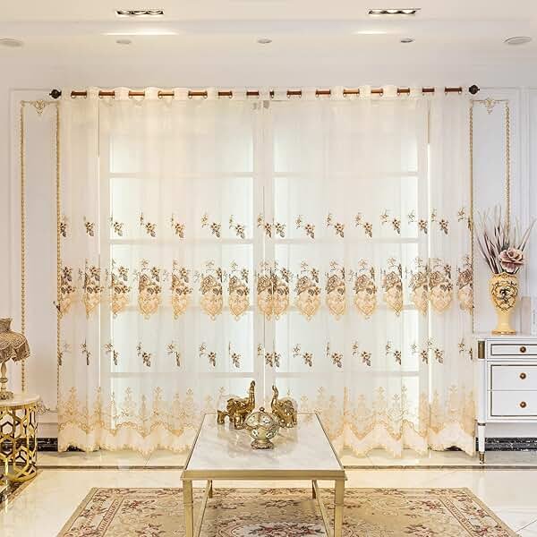ELKCA European Style Luxury Beige Embroidered Sheer Curtain for Living Room Elegant Floral Tulle Curtains for Bedroom,Grommet Top,W52inch by L84inch,2 Panels - Product Image